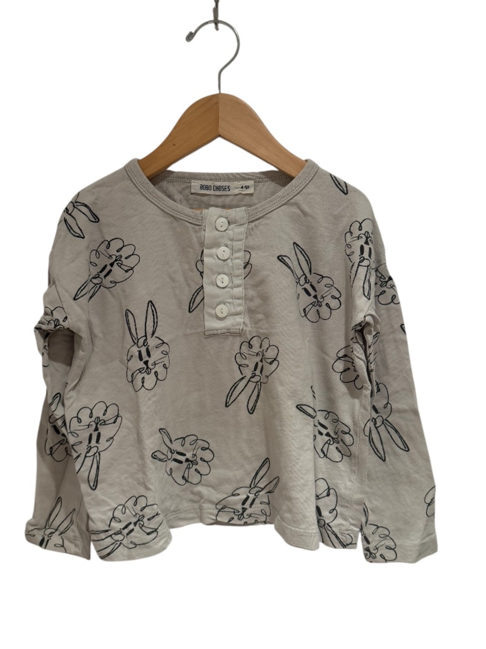 BOBO CHOSES grey boxy bunny print long sleeve henley shirt - size 4-5